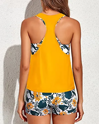 Athletic Modest Tankini Top With Boyshorts For Women And Juniors-Yellow Floral