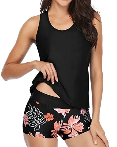 Athletic Tankini Teen Bathing Suit Boy Shorts 3 Piece Sets For Women-Black Orange Floral