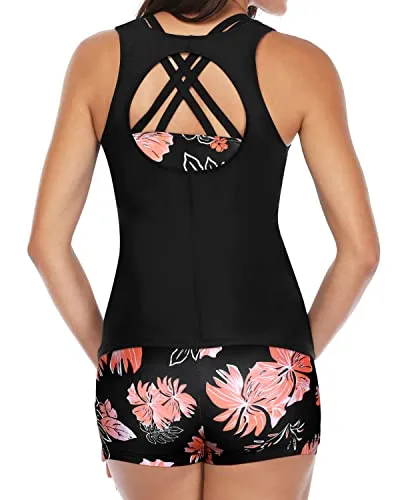 Athletic Tankini Teen Bathing Suit Boy Shorts 3 Piece Sets For Women-Black Orange Floral