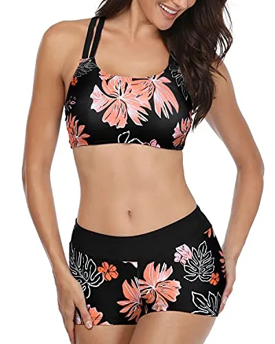 Athletic Tankini Teen Bathing Suit Boy Shorts 3 Piece Sets For Women-Black Orange Floral