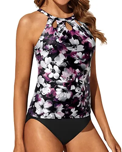 Backless Halter Neck Sexy Tankini Swimsuits For Women High Waisted Shorts-Purple Floral