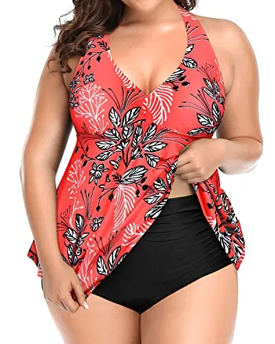 Backless High Waisted Plus Size Two Piece Swimsuits For Women-Red Floral