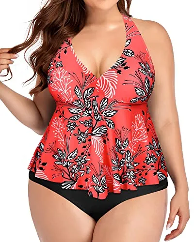 Backless High Waisted Plus Size Two Piece Swimsuits For Women-Red Floral