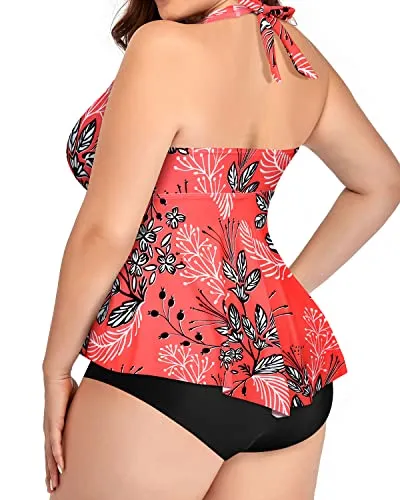 Backless High Waisted Plus Size Two Piece Swimsuits For Women-Red Floral