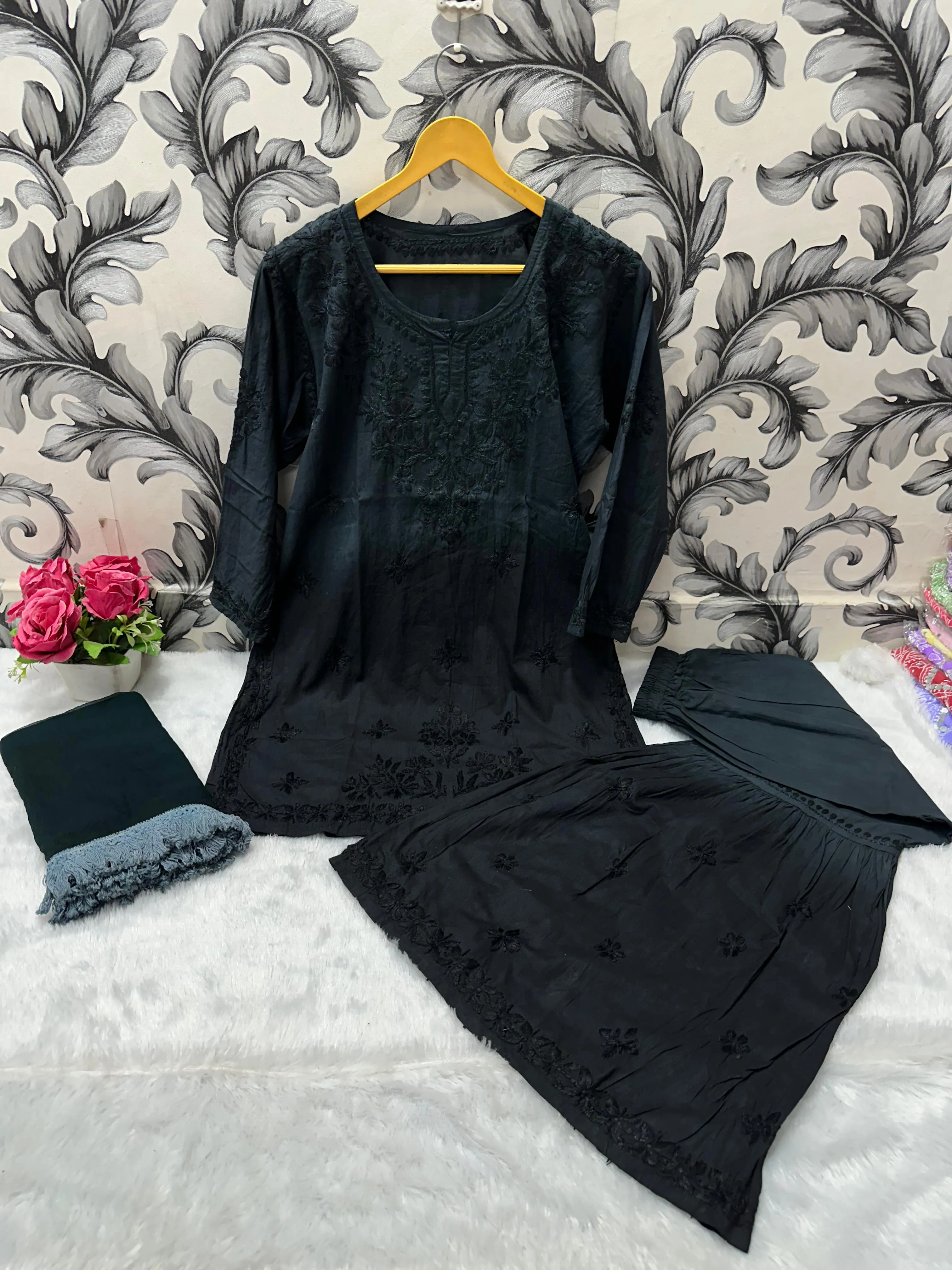 Black Beautiful Lucknow Chikankari Work Ombre Dye Short Kurti, Gharara & Dupatta Set