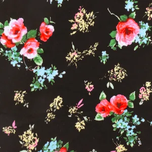 Black-Red-Multi Floral Printed Challis Woven Fabric