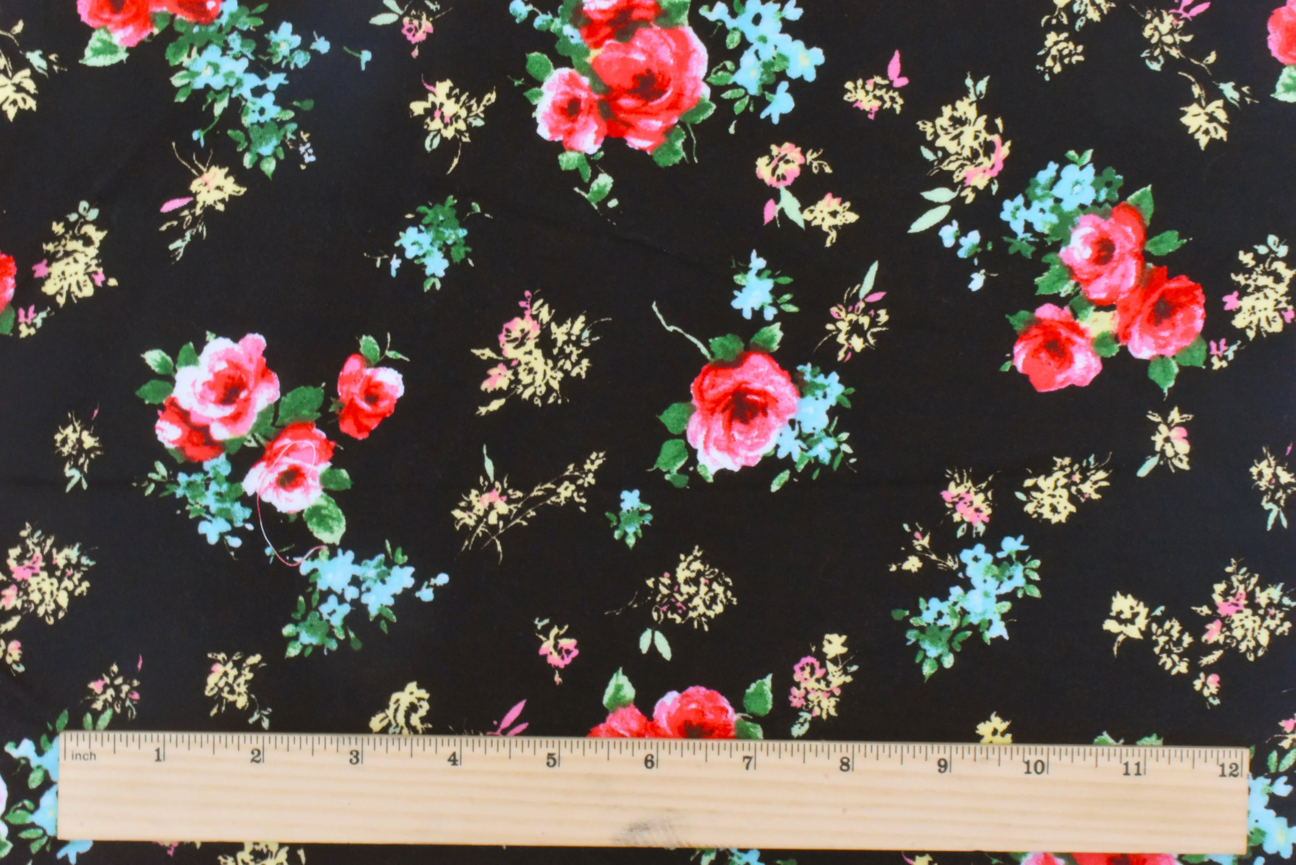 Black-Red-Multi Floral Printed Challis Woven Fabric