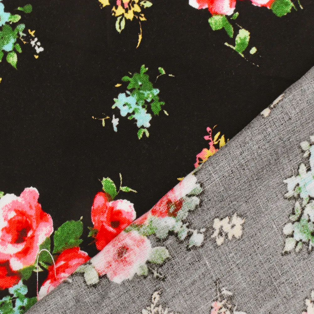 Black-Red-Multi Floral Printed Challis Woven Fabric