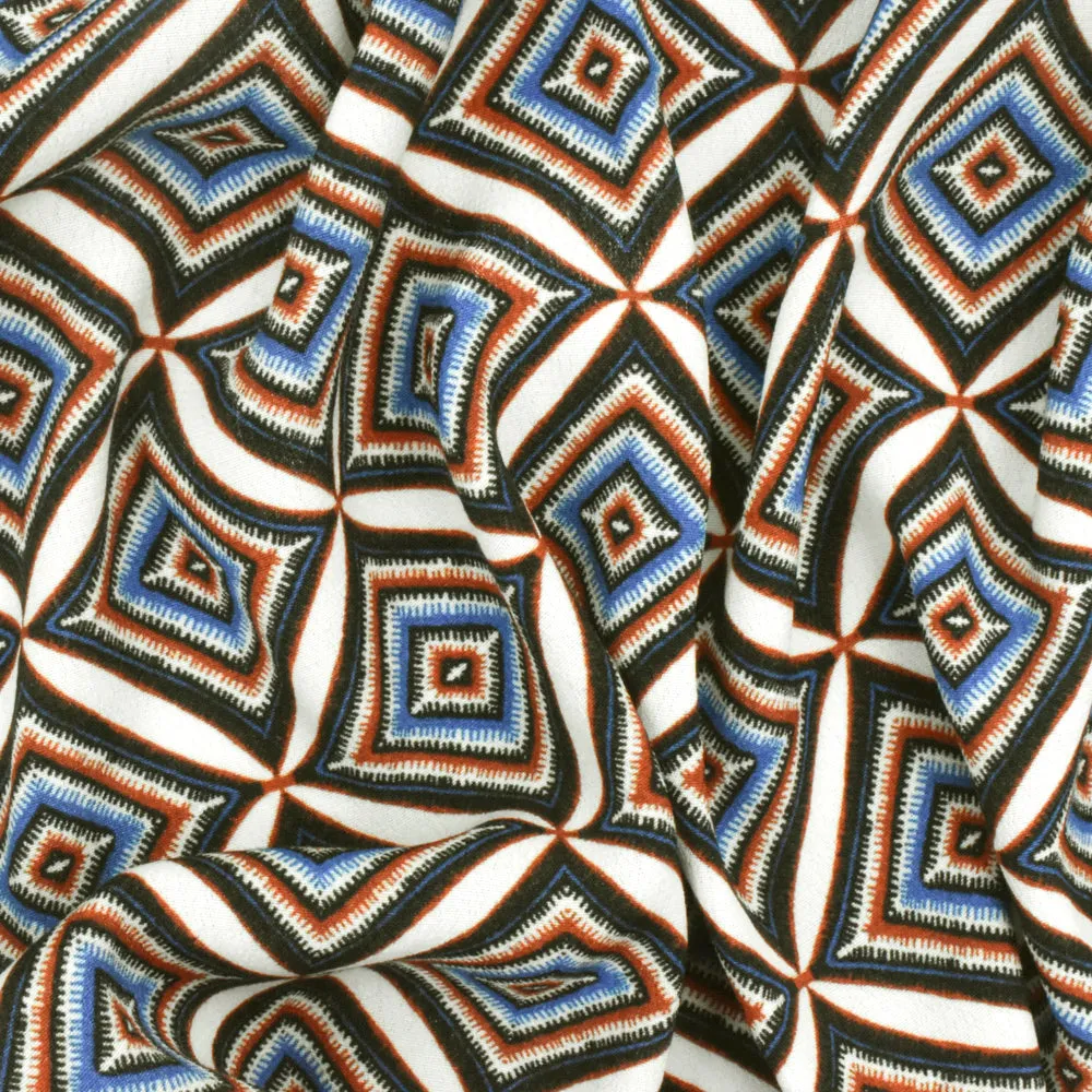 Blue-Multi Famous Designer Diamond-Tile Print Viscose Crepe Faille Fabric