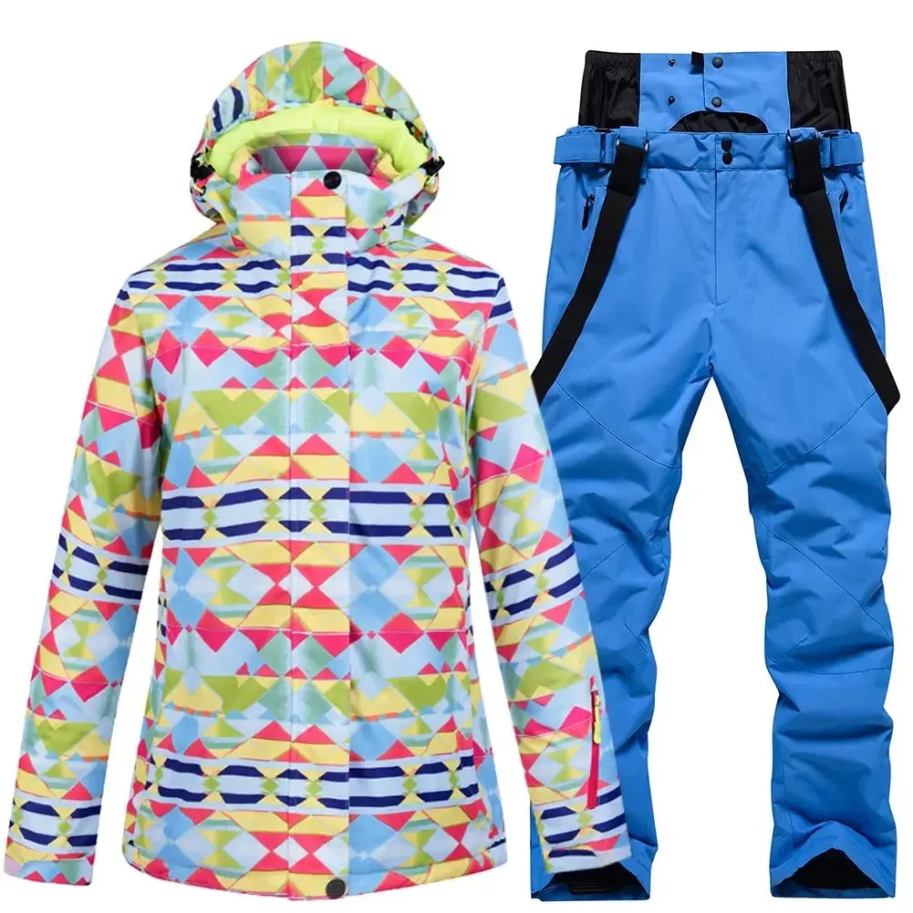 Checkered Women Ski Snowboard Insulated Jacket & Bib Pants