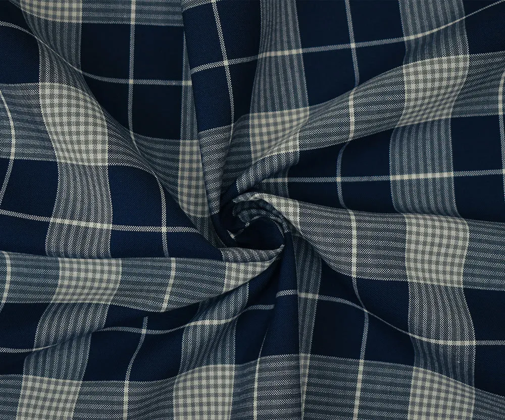 Deep Blue-Gray-Multi Wool Polyester Plaid Check Woven Shirting Fabric