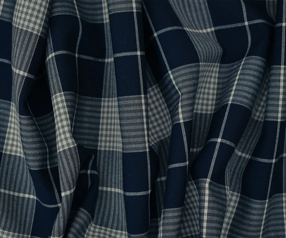 Deep Blue-Gray-Multi Wool Polyester Plaid Check Woven Shirting Fabric