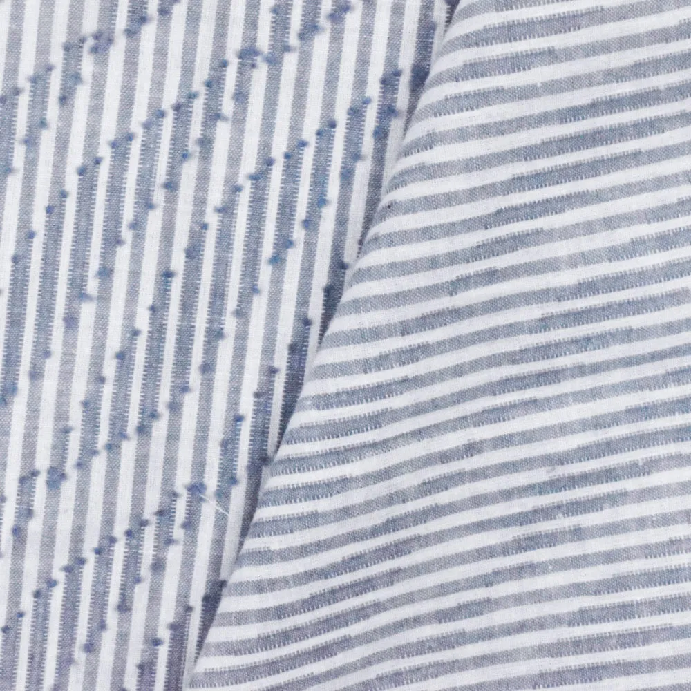 Dusty Blue-White Wave Jacquard Stripe Cotton Shirting Fabric