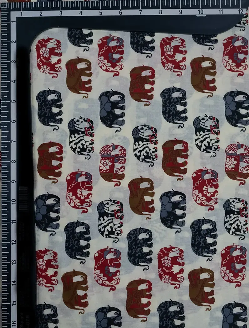 Elephanta Motif Print Red Fabric