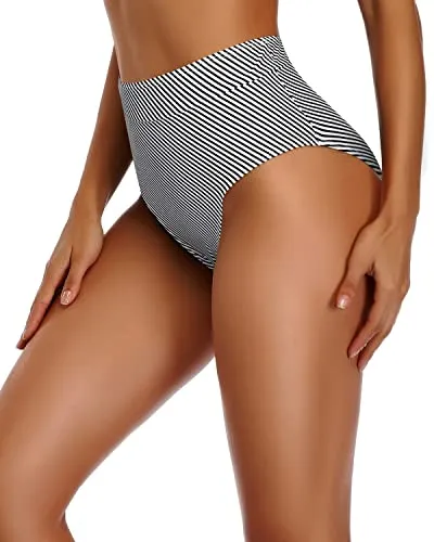 Flattering High Waisted Bathing Suit Bottoms Tummy Control Swimwear-Black And White Stripe