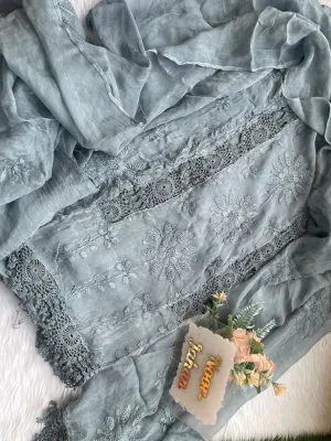 Grey Karachi Splendor: Qureshiya Crocia Suit with Dupatta