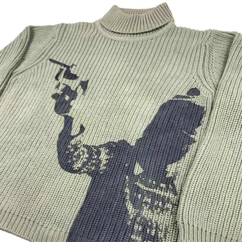 Gunman Print Green Turtleneck Sweater