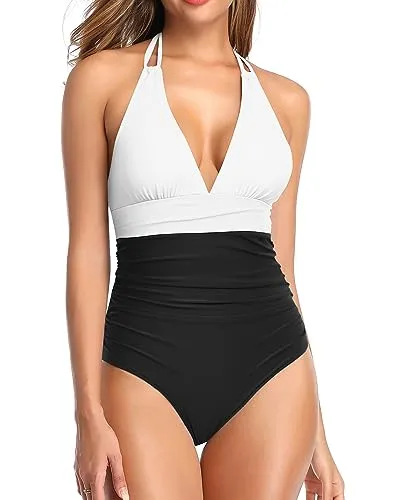 Halter Plunge V-Neck Ruched One Piece Swimsuit