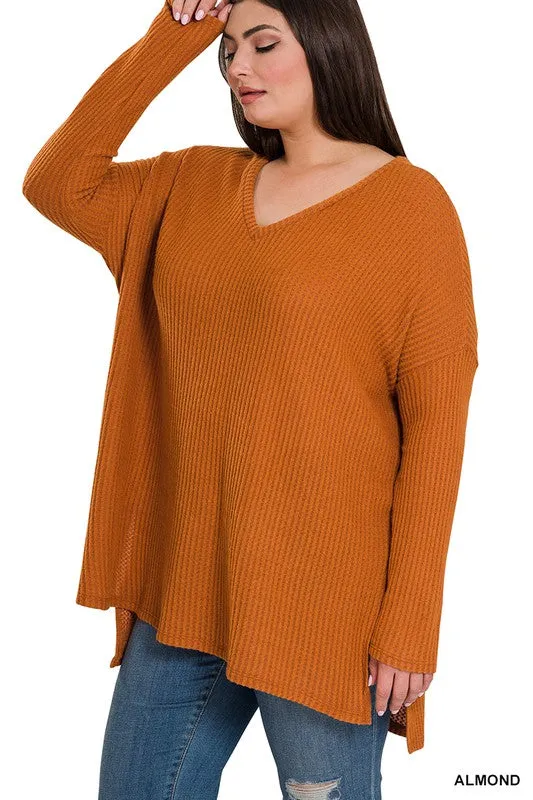 Hi Curvy Plus Size Women Brushed Thermal Waffle V-Neck Sweater