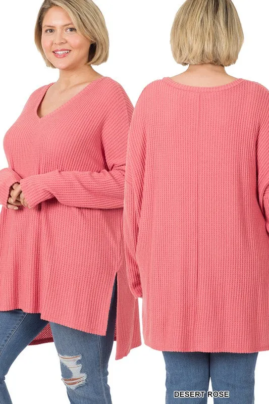 Hi Curvy Plus Size Women Brushed Thermal Waffle V-Neck Sweater