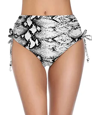 High Waisted Bikini Bottom With Full Coverage For Women-Black And White Snake Print