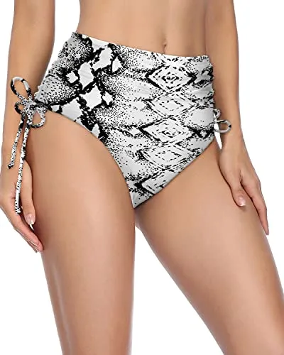 High Waisted Bikini Bottom With Full Coverage For Women-Black And White Snake Print