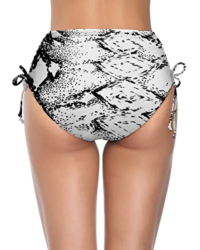 High Waisted Bikini Bottom With Full Coverage For Women-Black And White Snake Print