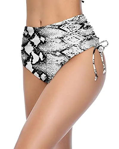 High Waisted Bikini Bottom With Full Coverage For Women-Black And White Snake Print