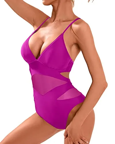 High Waisted Monokini Plunge V Neck Cutout Swimwear For Women-Hot Pink