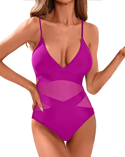 High Waisted Monokini Plunge V Neck Cutout Swimwear For Women-Hot Pink