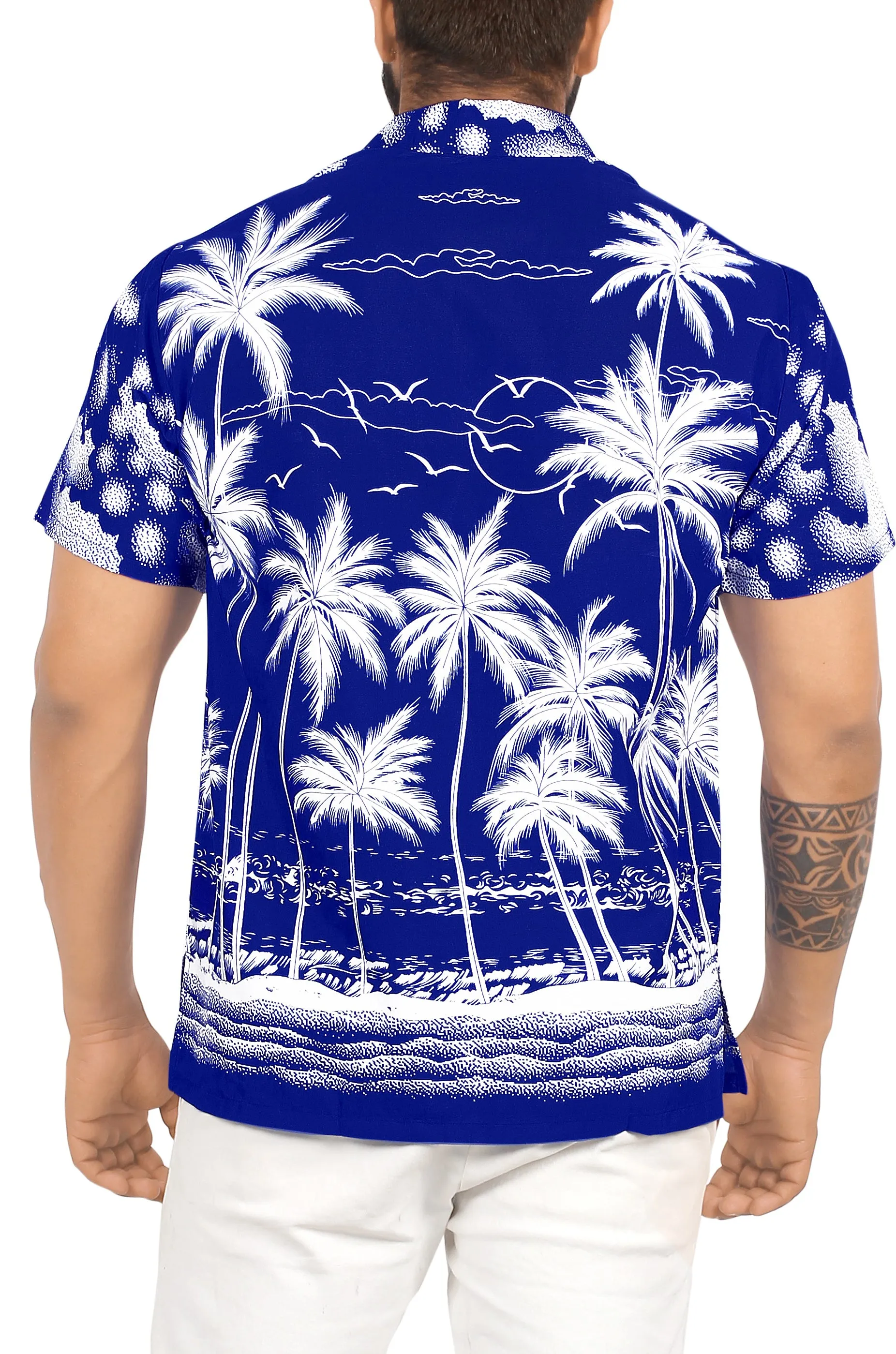 LA LEELA Men Regular Beach Casual hawaiian Shirt for Aloha Tropical Beach front Short sleeve Palm Tree Printed Blue