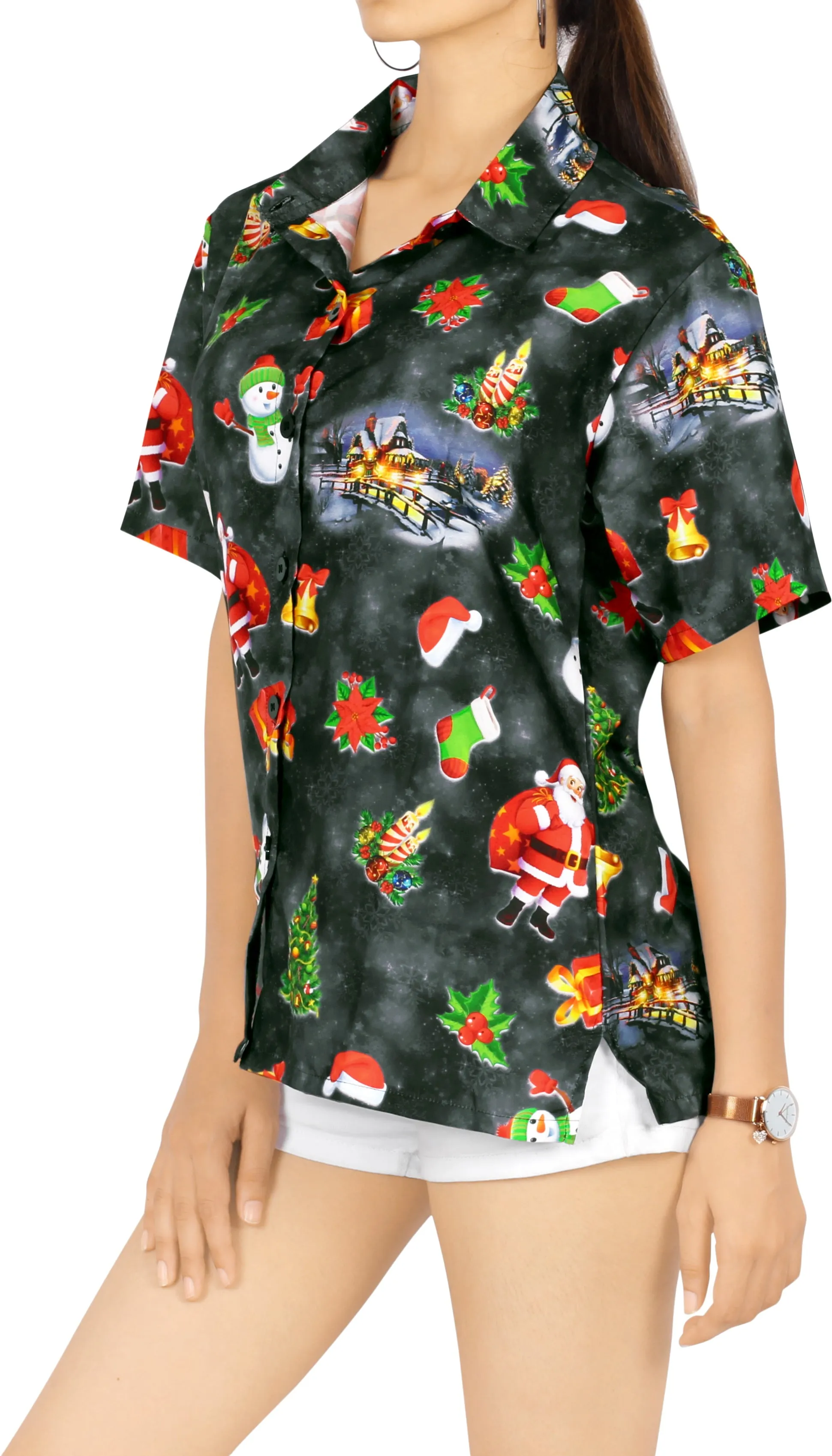 LA LEELA Women's Tropical Santa Claus Party Ugly Hawaiian Christmas Day Shirts DRT372Black