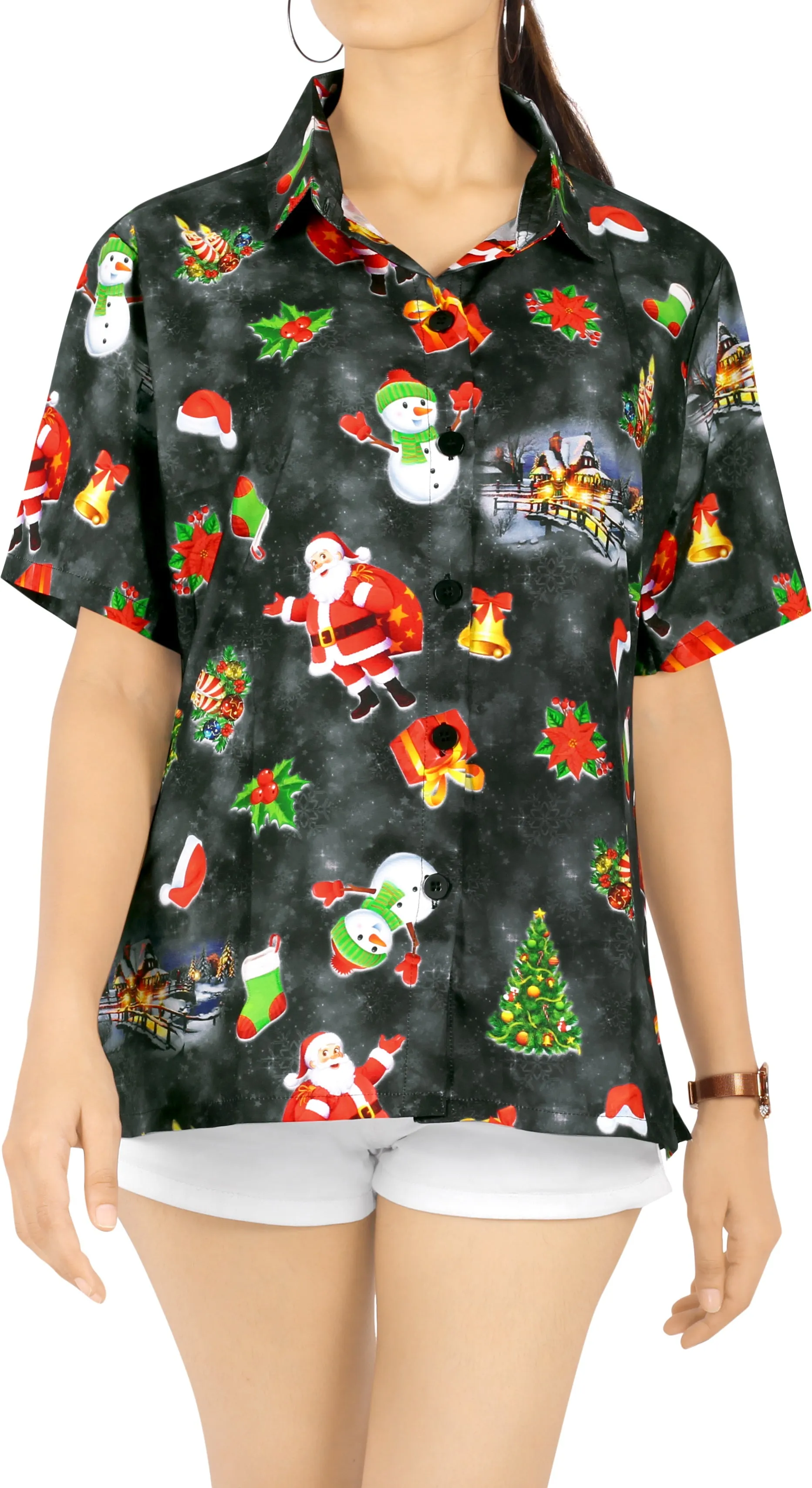 LA LEELA Women's Tropical Santa Claus Party Ugly Hawaiian Christmas Day Shirts DRT372Black