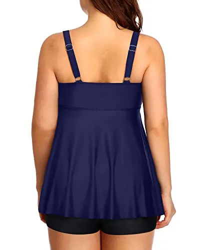 Long Flowy Plus Size Swimsuits For Women With High Waisted Boyshort-Navy Blue