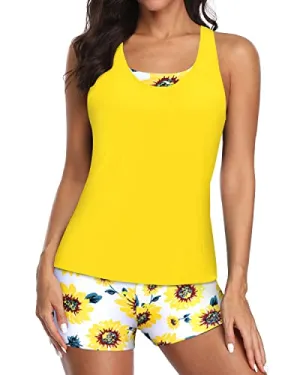 Long Torso 3 Piece Tankini Swimsuit With Padded Bra For Women-Sunflower