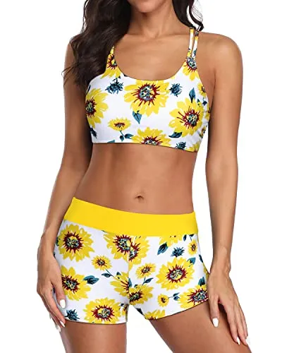 Long Torso 3 Piece Tankini Swimsuit With Padded Bra For Women-Sunflower