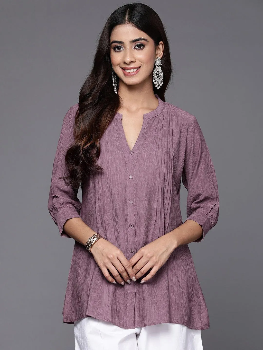 Mauve Solid Cotton Blend A-Line Kurti