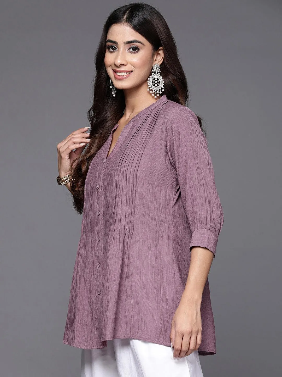 Mauve Solid Cotton Blend A-Line Kurti