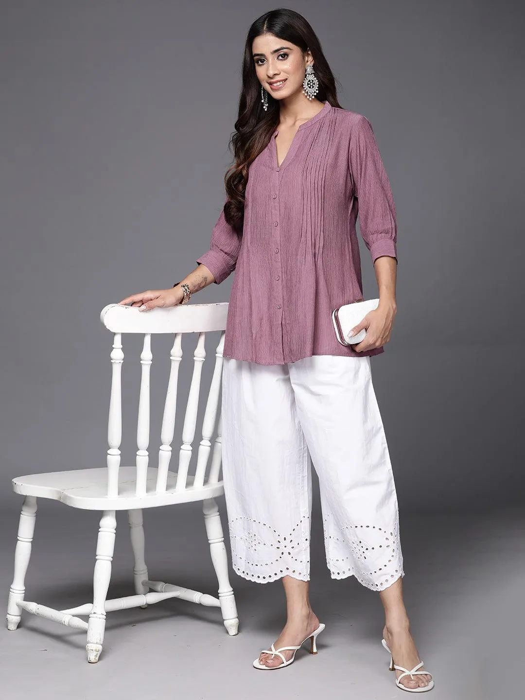 Mauve Solid Cotton Blend A-Line Kurti