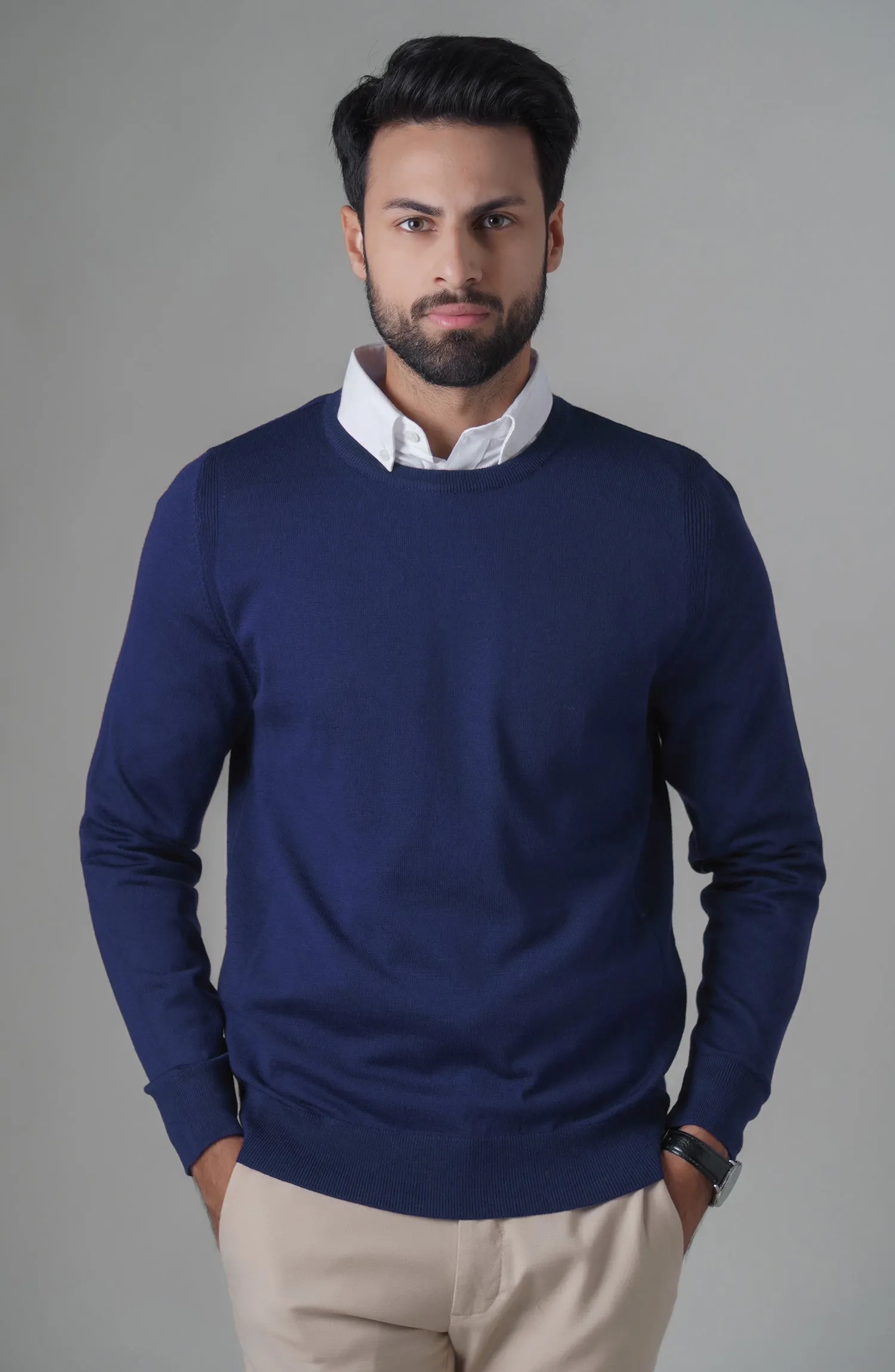 Merino - Crew Neck Sweater - Navy Blue