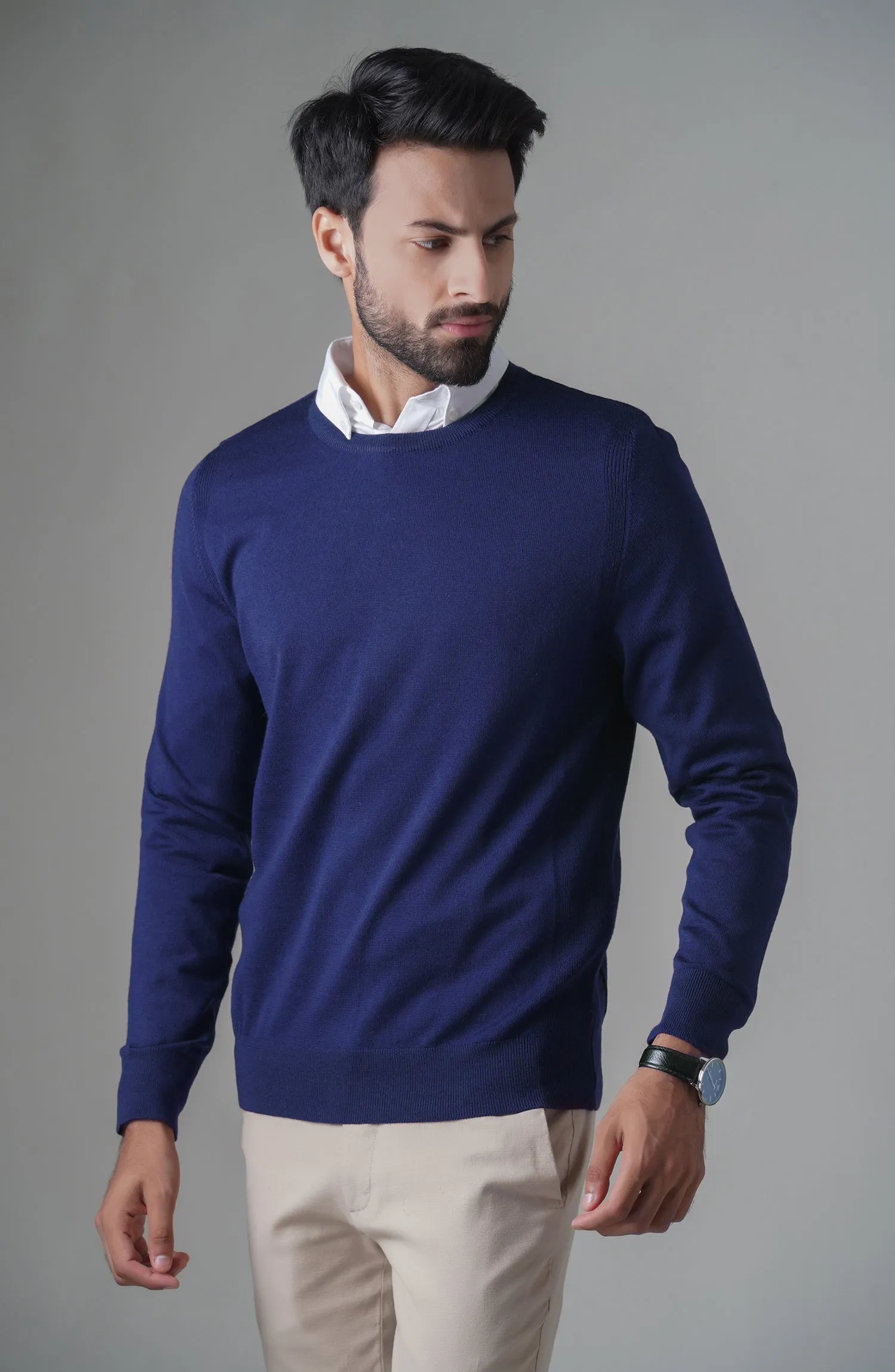 Merino - Crew Neck Sweater - Navy Blue