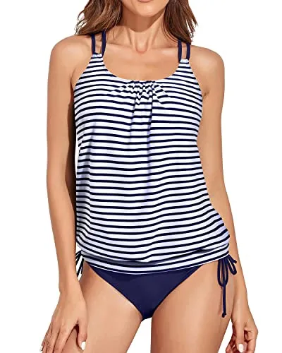 Mid Rise Two Piece Tankini Bathing Suits For Women-Blue White Stripe