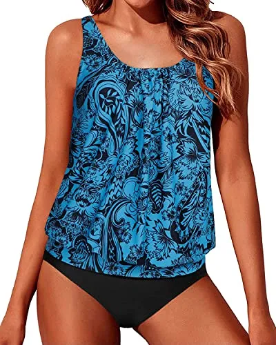 Mid Waist Tummy Control Blouson Tankini Swimsuits For Women-Black And Tribal Blue