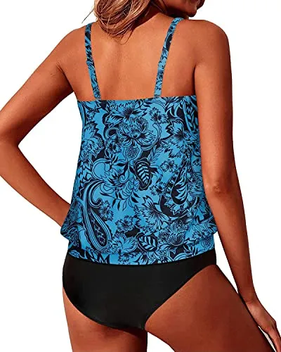 Mid Waist Tummy Control Blouson Tankini Swimsuits For Women-Black And Tribal Blue