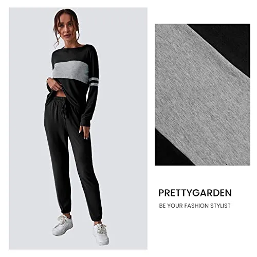 PRETTYGARDEN Women's Color Block 2 Piece Tracksuit Crewneck Long Sleeve Tops Long Sweatpants Outfits Lounge Sets