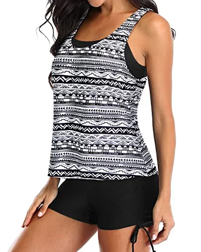 Push Up Padded Bra Swimsuits Shorts And Bra And Boyshorts-Black Stripe