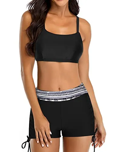 Push Up Padded Bra Swimsuits Shorts And Bra And Boyshorts-Black Stripe