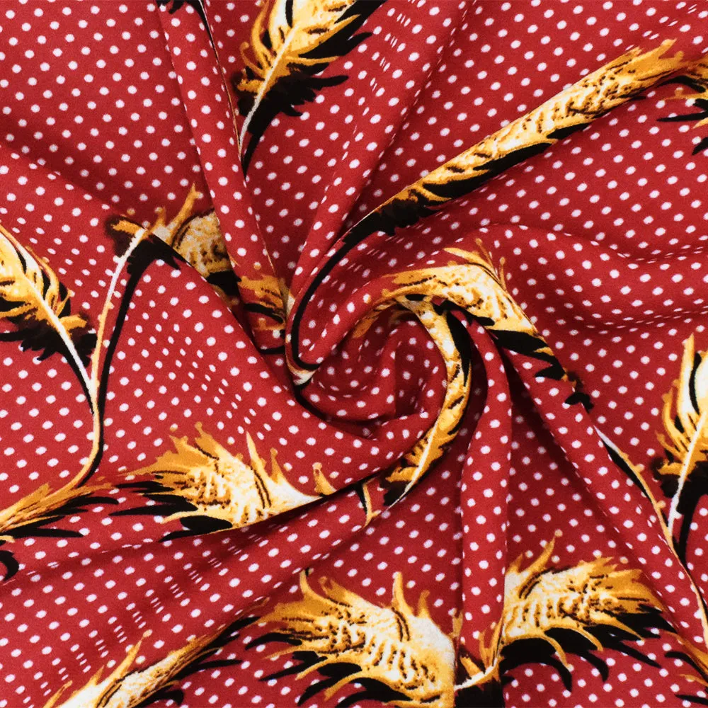 Red-Yellow-Multi Feather And Dot Printed Poly Georgette Woven Fabric