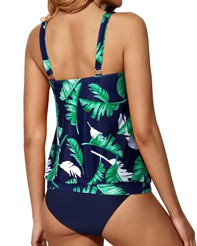 Stylish And Modest Loose Fit Tankini Swimwear For Women-Blue Leaf