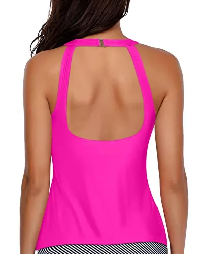 Summer Beach High Neck Tankini Top For Women-Neon Pink